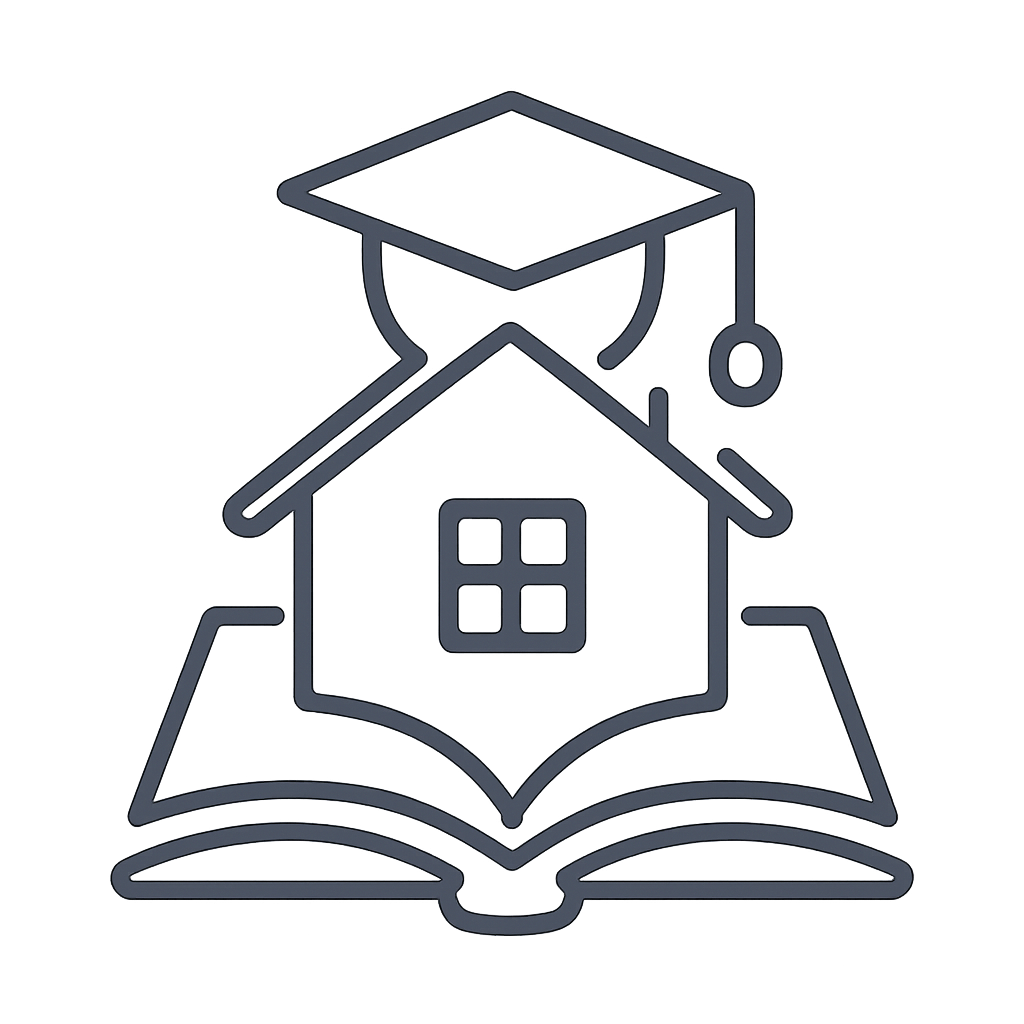 Illustration of a graduate cap on a house icon over an open book, symbolizing education and learning in a home or resident...